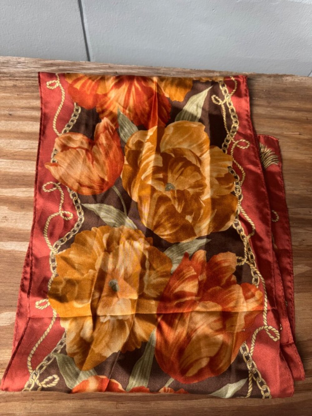 Oscar De La Renta Floral Silk Scarf Orange & Brown 52” x 11”